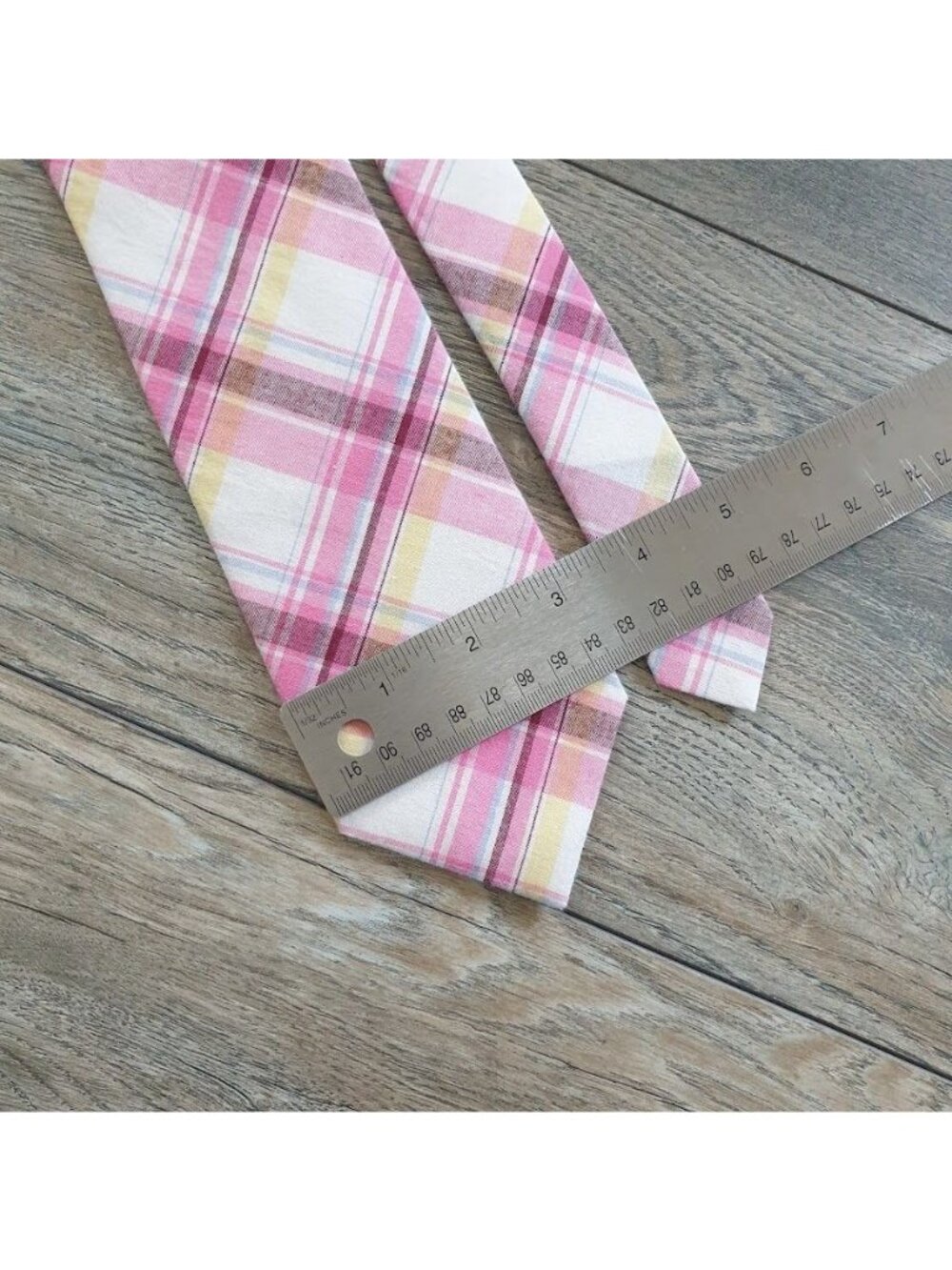 Neiman Marcus Plaid Cotton Tie Multicolor Pink Yellow White Designer Slim 57 x 3 - Picture 3 of 5